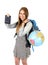 Young student tourist woman holding passport carrying backpack and world globe