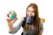 Young student tourist woman holding passport on mouth searching travel destination holding world globe