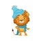 Young stylish lion cartoon character wearing winter hat and scarf. Animal with lush mane. Flat design vector