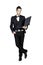 Young stylish man in tuxedo holding laptop