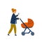 Young stylish Mother with baby in stroller. Young mother walking with baby carriage and reading . Cartoon style vector