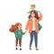 Young stylish Mother or nanny, babysitter walking with 2 kids. Happy family. Vector cartoon style illustration