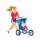 Young stylish Mother running with baby in stroller. Young mother jogging with baby carriage and. Cartoon style vector