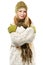 Young stylish smiling blonde woman in variegated melange knitted