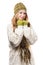 Young stylish smiling blonde woman in variegated melange knitted