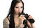 Young stylish woman with binoculars