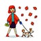 Young stylish woman walking with dog. Cartoon style girl walk with small dog in autmn. Vetor illustration.