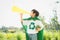 Young superhero boy with recycle symbol make announcement. Gyre