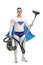 Young superhero holding a vacuum cleaner