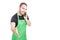Young supermarket employee making hand shaking gesture at phone