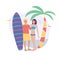 Young surf man and woman with board. Flat cartoon couple characters isolated on white background. Summer vector