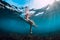 Young surfer girl at surfboard underwater in sea