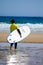 Young surfers train on Playa de Palombina Las Camaras in Celorio, Green coast of Asturias, North Spain with sandy beaches, cliffs