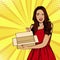 Young surprised woman holding empty box. Vector illustration in retro comic pop art style.