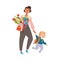Young Teacher with Boy First Grader with Backpack Walking to School Vector Illustration