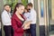 Young team of office workers. Girl in glasses. Business lady