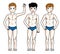 Young teen boys cute children group standing in blue underwear.