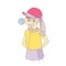 Young teen girl in a baseball cap with headphones blowing bubblegum. Little girl vector cartoon hand draw illustration