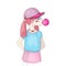 Young teen girl in a baseball cap with headphones blowing bubblegum. Little girl vector cartoon hand draw illustration