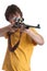 Young teenage boy looking throug a rifle sight