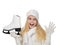 Young teenage girl holding ice skates for winter ice skating sport activity smiling