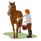 Young teenage girl rider washing her brown horse. Bright colorful summer time outdoors. Cartoon vector illustrtion. Work