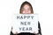 Young teenager girl wearing hooded handing happy new year light panel in hand