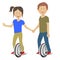 Young teenagers couple riding self balancing unicycle electric scooters