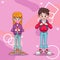 young teenagers couple with schoolbag and smartphone characters