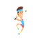 Young tennis player jumping to hit ball. Funny guy in action. Man in sportswear. Active sports game. Flat vector design
