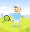 Young tennis player with a racket character standing in the city park. Sport and fitness. Cartoon vector flat
