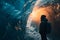 Young tourist admiring a view of spectacular Icelandic ice cave. Breathtaking landscape of Iceland. Hiking by foot