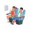 Young tourist couple sitting in airplane seats, people traveling together during summer vacation vector Illustration on