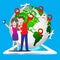 Young tourist couple using a smart phone to take a selfie picture of themselves with world map pin icon, Elements of earth map Fur