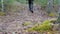 Young tourist dressed in military hikes away, through forest.