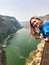 Young tourist girl on vacation at Twin Falls in Idaho