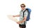 Young tourist man reading city map looking relaxed and happy carrying backpack wearing summer hat