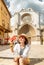 Young tourist woman taking selfie at the Tarragona Cathedral, One of most famous places in Catalonia, Spain