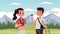 young tourists couple in the field animation