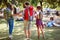 Young tourists enjoying the walk in a park