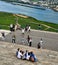 Young tourists at the Niederwald Memorial high above the Rhine River in Germany