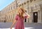 Young travel girl strolling among the cultural and baroque beauties of Lecce, Apulia, Italy