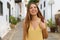 Young traveler girl visits small colonial town of Betancuria, Canary Islands, Spain