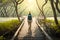 Young traveler walking on wooden path in the mangrove forest.