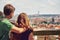 Young travelers couple in love walking on a street of European city. sightseeing traveler