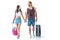 young travelers with travel bags holding hands and looking at each other