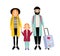 Young traveling family of mother, father and daughter. Mom, dad and child girl tourists with backpacks and suitcase