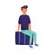 Young Traveling Man Sitting on Luggage Waiting for the Flight Vector Illustration