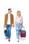 young travelling couple holding hands and walking with suitcases