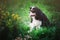 Young tricolor cavalier king charles spaniel sitting in summer garden